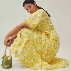 NEW Anthropologie Hutch V-Neck Tiered Wrap Midi Dress Lemon Print XL